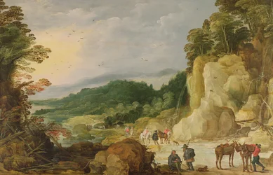 Paesaggio montano con cascata e viaggiatori a un guado