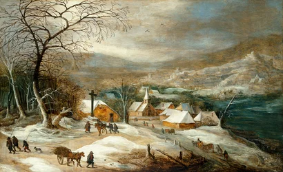Un paesaggio invernale, con figure su una strada vicino a un villaggio
