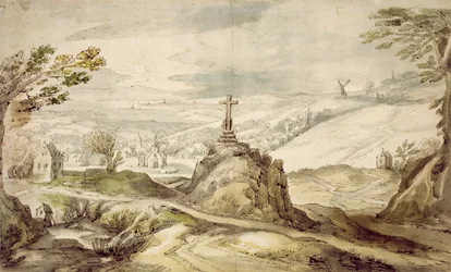 Paesaggio montuoso con una croce