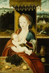 La Madonna col Bambino, seduti sotto un baldacchino, a un tavolo con frutta, in un paesaggio