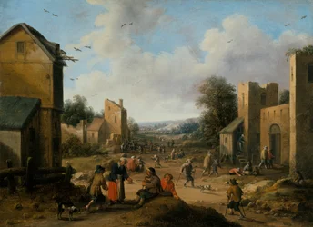 Paesaggio di un villaggio con contadini
