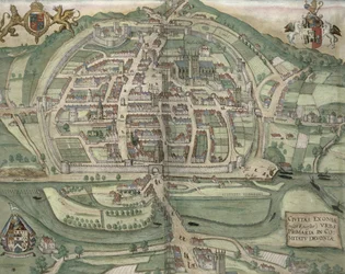 Mappa di Exeter, da Civitates Orbis Terrarum di Georg Braun (1541-1622) e Frans Hogenberg (1535-90), ca. 1572-1617