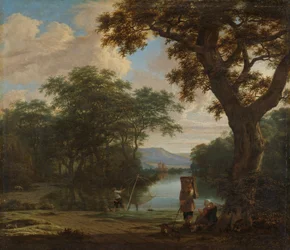 Paesaggio con pescatore con una rete quadrata