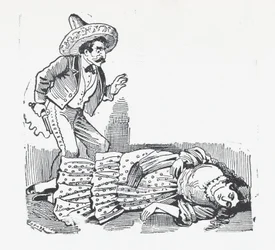 Un uomo con una pistola in piedi sopra una donna che ha appena sparato, ca. 1880-1910