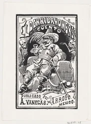 Un uomo con armi e una pipa in bocca affiancato da due scheletri, illustrazione, ca. 1880-1910