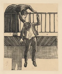 Una donna scopre un uomo che si è suicidato impiccandosi a una trave, ca. 1900-1910