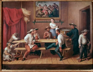 Una taverna pulquería in Sud America, gli ospiti al tavolo bevono pulque (bevanda alcolica tradizionale mesoamericana) (osteria con bevitori di pulque), Città del Messico, Museo Nazionale di Storia, Castello di Chapultepec