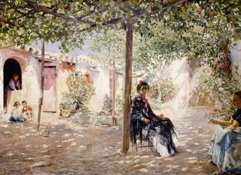 Signore in un cortile soleggiato