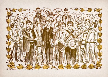 Messico, Rivoluzione messicana: "El Triunfo de Madero" (Francisco Indalecio Madero Gonzalez (1873-1913) eletto presidente con il sostegno dei rivoluzionari Villa e Zapata. Ritratto a cavallo in mezzo alla folla dei suoi seguaci. Incisione di