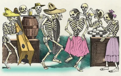 I morti viventi: "" Gran Fandango y Francachela de todas las Calaveras "", xilografia di José Guadalupe Posada (1852 - 1913) che illustra i festeggiamenti del Giorno dei Morti (1° novembre). Messico.