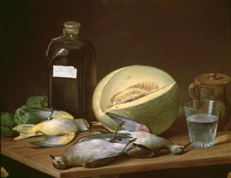 Natura morta con melone e uccelli