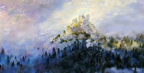 JJM ricrea Friedrich-C-D: Nebbia mattutina in montagna (Panorama)
