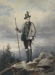 Ritratto del giovane imperatore in costume da caccia di Ischl, litografia colorata di Kriehuber, 67 x 49 cm