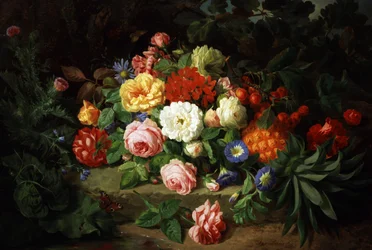 Natura morta di fiori estivi (rose, primule) e frutta (ananas, ciliegie). Dipinto di Josef Lauer (1818-1881) Collezione privata.