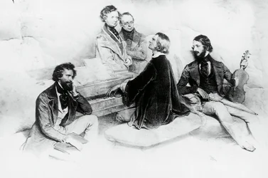 Matinée a casa di Liszt, da sinistra a destra, Kriehuber, compositore Hector Berlioz, Carl Czerny, Franz Liszt e violinista Heinrich Wilhelm Ernst, litografia di Josef Kriehuber