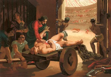 Galeno che assiste un gladiatore ferito nel circo di Bergamo