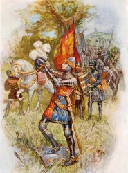Edoardo, il Principe Nero, durante la battaglia di Crecy (litografia a colori)
