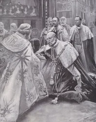 Re Edoardo VII che presta giuramento alla sua incoronazione, Abbazia di Westminster, Londra