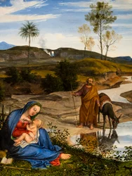 Repos pendant le fuite en Egypt, 1820-1825 circa (Olio su tavola (noce))