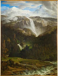 Cascata di Schmadribach nella Valle di Lauterbrunn, Oberland Bernese, Svizzera... (olio su tela)