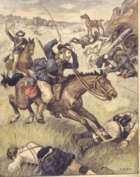 Commando boero attacca una pattuglia britannica durante le guerre anglo-zulu e anglo-boere del 1850-1902, illustrazione