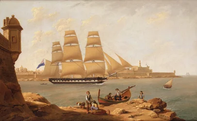 Una fregata che passa davanti a Fort St Elmo mentre esce dal Grand Harbour, La Valletta, Malta (olio su tela)