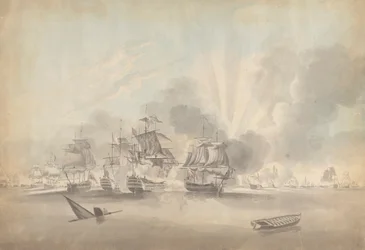 Scena di Battaglia: Navi da Guerra, Fregate e Corvette; Barca che Affonda e Barca a Remi