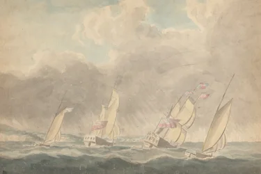 Due sloop da guerra, una barca e una goletta (?), poppe in avanti, in mare agitato; diverse navi a vela sullo sfondo