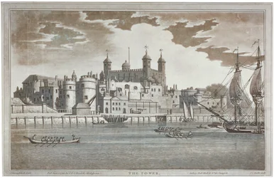 Vista della Torre di Londra dal fiume Tamigi con barche sul fiume, 1795