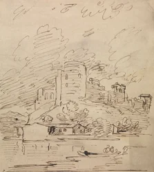 Castello con una torre rotonda sopra un fiume