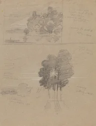 Due schizzi di un castello e di alberi; mattina e sera