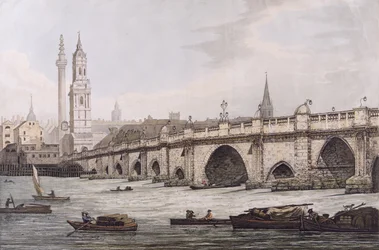 Veduta del London Bridge, inclusa la Chiesa di St. Magus e il Monumento, inciso da J.C. Stadler