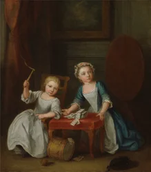 Due bambini della famiglia Nollekens, probabilmente Jacobus e Maria Sophia, giocano con una trottola e carte, 1745