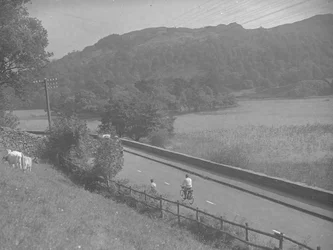 Veduta di una strada che costeggia il Rydal Water, con persone in bicicletta, bestiame e montagne.