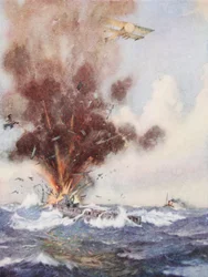 Il comandante di squadriglia A.W. Bigsworth attacca con bombe un sottomarino tedesco, che si riempie d