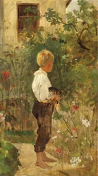 Ragazzo con gatto in giardino