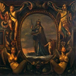 Figura allegorica con putti in un cartiglio