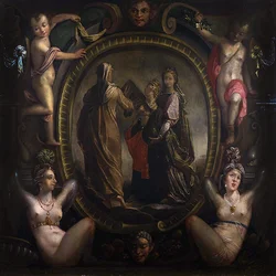 Tre figure allegoriche in un cartiglio