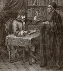 Voltaire e il religioso - VOLTAIRE, François-Marie Arouet - con un sacerdote. Voltaire e un prete (Religione) - Incisione di Joseph Lante - 1764