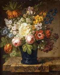 Fiori in un vaso su un davanzale di marmo con un ammiraglio rosso, un bombo, due scarabei e una libellula, 1807