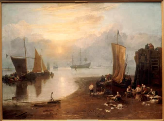 Sole che sorge attraverso il vapore: Pescatori che puliscono e vendono il pesce ... (pittura su tela)