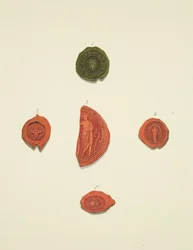 Cinque sigilli di Robert Atwaller, sigillo sconosciuto, Margaret Mewyrk, Priora di St Mary Magdalen e John Vrell