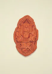 Fronte del sigillo di Matthew Parker, Arcivescovo di Canterbury, al testamento di Thomas Alyce, mercante