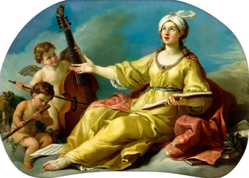 Una personificazione della musica, cantando con putti che suonano un violino e un flauto, 1758