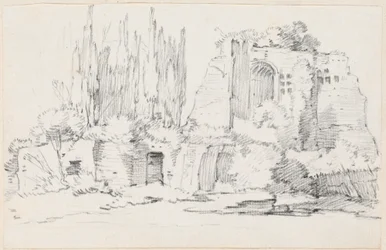 Rovine romane con un gruppo di cipressi