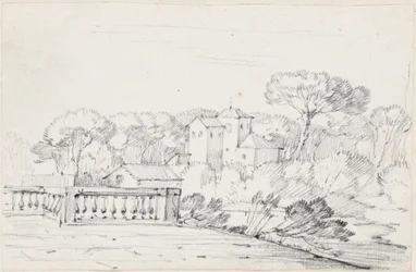 Terrazza lungo un fiume con una villa e alberi oltre