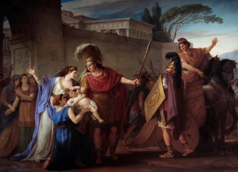 Addio di Ettore e Andromaca. Partendo per la guerra di Troia, Ettore lascia la moglie e il figlio Astianatte. Dipinto di Joseph Marie Vien (1716-1809), 1786. Sole. 3,29 x 4,25 m