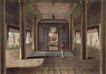 Un soldato in piedi in un tempio di Rangoon, inciso da George Hunt
