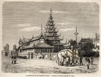 Il palazzo del Re di Ava, ad Amarapoura (attuale Birmania). Disegno di Navlet per illustrare il viaggio nel regno di Ava, nel 1855, del Capitano Henri Yule del corpo del genio bengalese. Incisione in "Le tour du monde, nouveau journal des voyages"