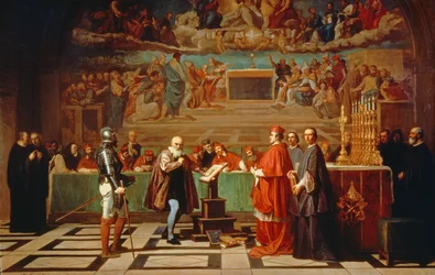Galileo Galilei (1564-1642) davanti ai membri del Sant